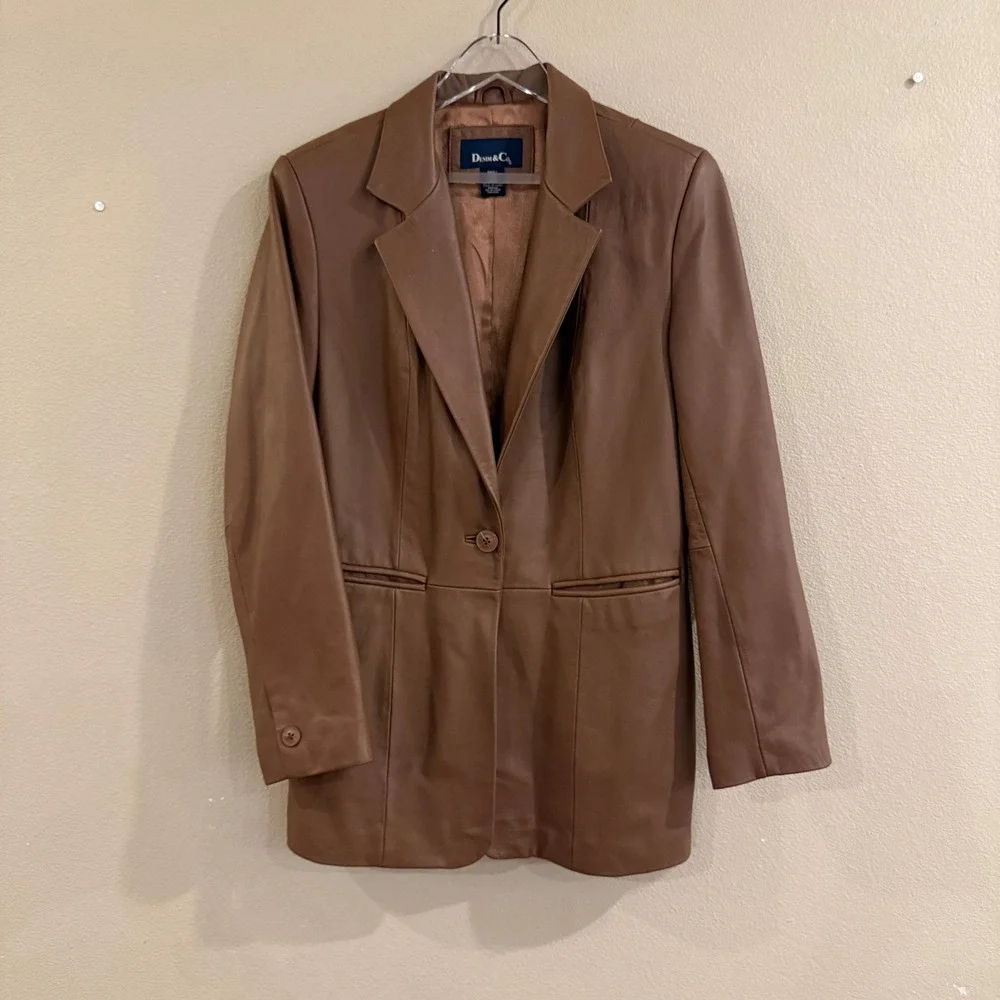 Vintage Denim & Co Leather Blazer Women Small Brown Minimalist Dark Academia